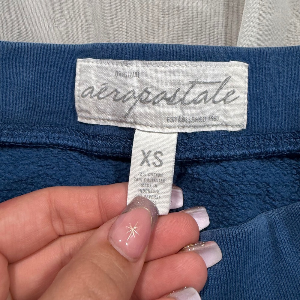 Y2K Aeropostale 87 Palm Tree Fleece Sweat Shorts Blue XS Raw Hem Collegiate - Picture 2 of 7